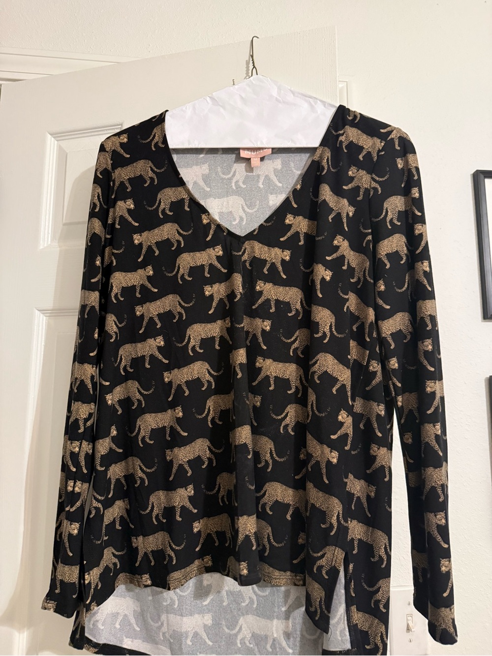 Summer Sale-Black V-Neck Top with Gold Leopard Print